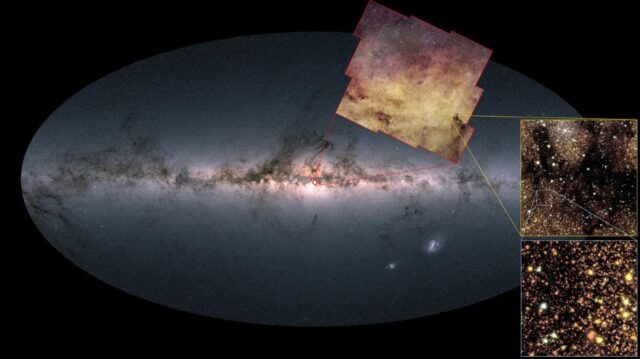Euclid’s new image of the galactic bulge is visible on Gaia’s map of the entire sky.