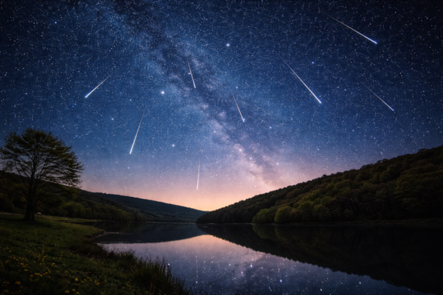 Fast Lyrid meteor burning brightly against the stars of Lyra during peak activity in a dark sky.