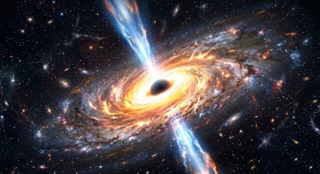 Artist rendering of a quasar with powerful jets emerging from a supermassive black hole at a galaxy center