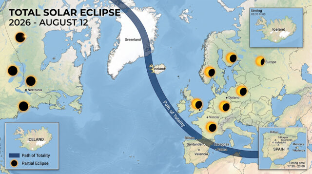 Total solar eclipse 2026 path of totality across Greenland, Iceland, and northern Spain on August 12.